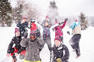 Image showing group of young people throwing snow in the air