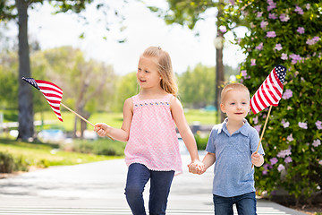 Image showing Young Sister and Brother Waving American Flags At The Park