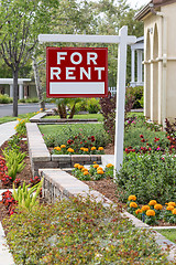 Image showing Red For Rent Real Estate Sign in Front House
