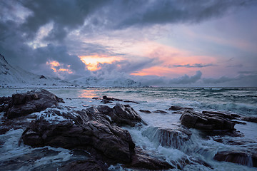 Image showing Norwegian Sea waves on rocky coast of Lofoten islands, Norway