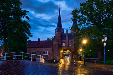 Image showing Oostport Eastern Gate of Delft at night. Delft, Netherlands