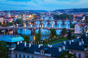 Image showing Evening view of Prague bridges over Vltava river