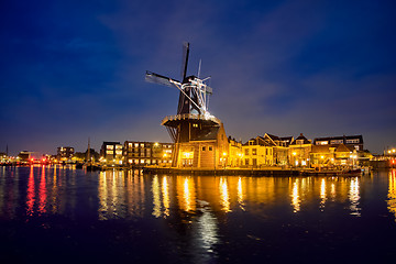 Image showing Harlem landmark  windmill De Adriaan on Spaarne river. Harlem,  