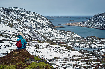 Image showing Woman tourist on Lofoten islands, Norway