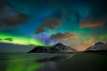 Image showing Aurora borealis northern lights. Lofoten islands, Norway