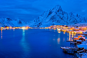 Image showing Reine village at night. Lofoten islands, Norway