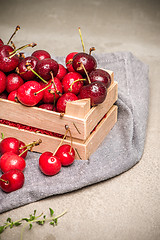 Image showing Red ripe cherries in small wooden box