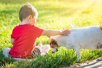 Image showing Cute Baby Boy Sitting In Grass Petting Dog