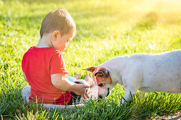 Image showing Cute Baby Boy Sitting In Grass Playing With Dog