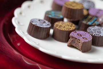 Image showing Artisan Fine Chocolate Candy On Serving Dish with Heart Design