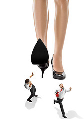 Image showing The conceptual collage about lady boss and small men under big female heel.