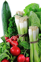 Image showing Green vegetables, fresh onion and radishes close up-Abstract. 