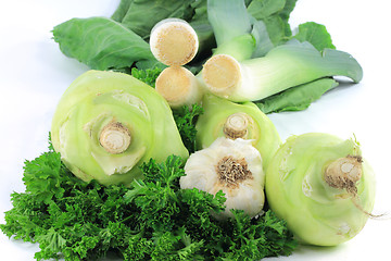 Image showing Parsley, Garlic, Leeks and Kohlrabi. 