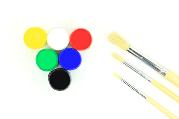 Image showing Acrylic Watercolours and paintbrushes - close-up 