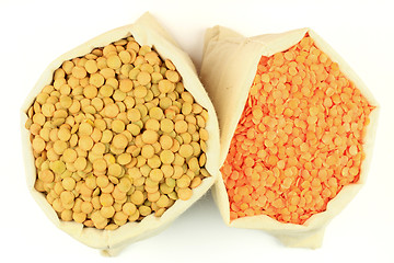 Image showing Seeds red and green Lentils in fabric bags.