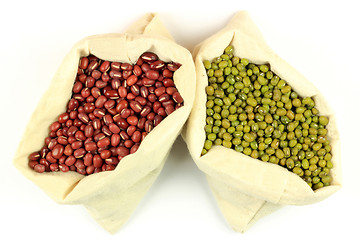 Image showing Organic Azuki and Mung Beans in Fabric bags. 