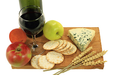 Image showing Blue Cheese, Wine and Snacks.  