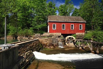 Image showing Historical building of Old water sawmill and small dam.