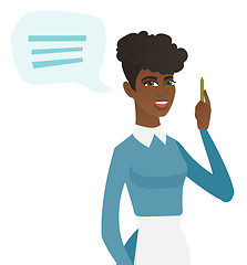 Image showing Young african-american cleaner with speech bubble.