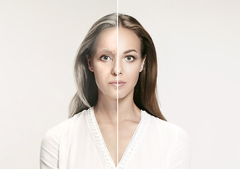 Image showing Comparison. Portrait of beautiful woman with problem and clean skin, aging and youth concept, beauty treatment
