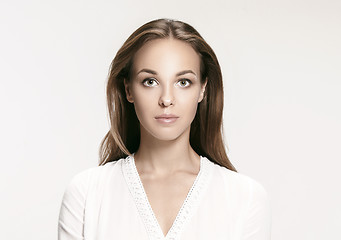 Image showing The serious business woman standing and looking at camera against gray background.