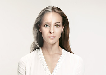 Image showing Comparison. Portrait of beautiful woman with problem and clean skin, aging and youth concept, beauty treatment