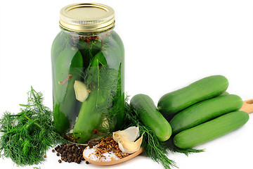 Image showing Preparation of Pickled Cucumbers in a jar.