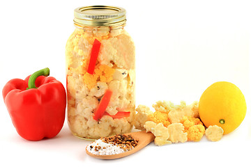 Image showing Ingredients for pickling cauliflower in a jar