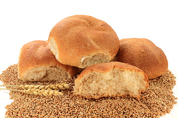 Image showing Raw Wheat Kernels, Wheatears and Whole Wheat Buns  