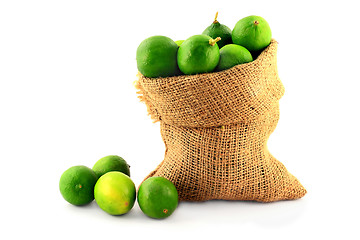 Image showing Key Limes in Burlap Bag on white. 