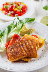 Image showing Grilled hallumi cheese with tomato salad and fresh onion