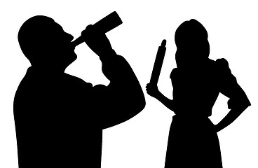 Image showing Husband drinking alcohol and angry wife holding rolling pin