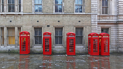 Image showing Five Red Telephone Boxes