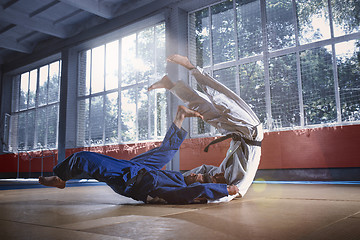 Image showing Two judo fighters showing technical skill while practicing martial arts in a fight club