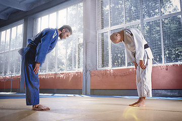 Image showing Two judo fighters greeting each other in a bow before practicing martial arts in a fight club