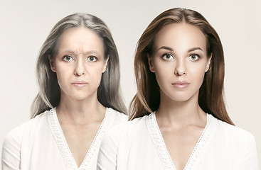 Image showing Comparison. Portrait of beautiful woman with problem and clean skin, aging and youth concept, beauty treatment