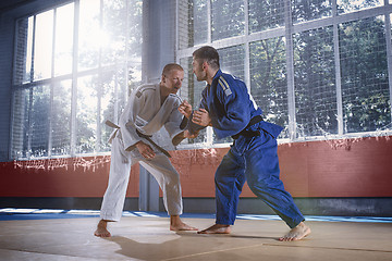 Image showing Two judo fighters showing technical skill while practicing martial arts in a fight club