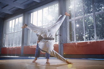 Image showing Two judo fighters showing technical skill while practicing martial arts in a fight club