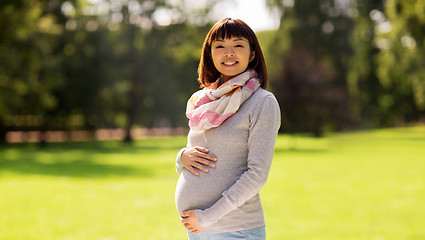 Image showing happy pregnant asian woman at park