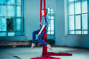 Image showing Graceful gymnast performing aerial exercise at loft