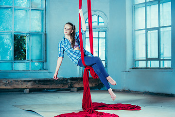 Image showing Graceful gymnast performing aerial exercise at loft