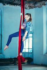 Image showing Graceful gymnast performing aerial exercise at loft