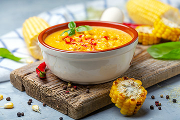 Image showing Corn soup with leeks and hot chili peppers.