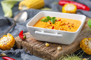 Image showing Delicious creamy corn soup with chili in a bowl.