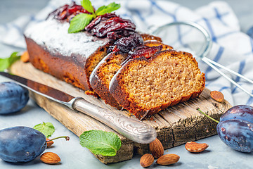 Image showing Homemade plum cake with almonds and spicy plum.