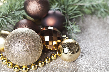 Image showing Christmas decorations and evergreen fir tree branch.