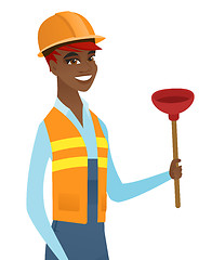 Image showing African-american plumber holding plunger.