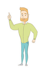 Image showing Caucasian hippie man pointing his forefinger up.