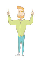 Image showing Caucasian hippie man standing with raised arms.