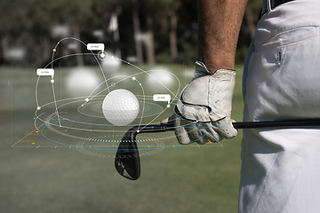 Image showing Golf ball with tee on course and stick